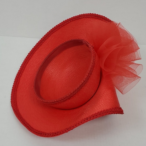 Vintage Red Lace Straw Hat Polyester 21" Elegant Luxury Accessory - Picture 5 of 7